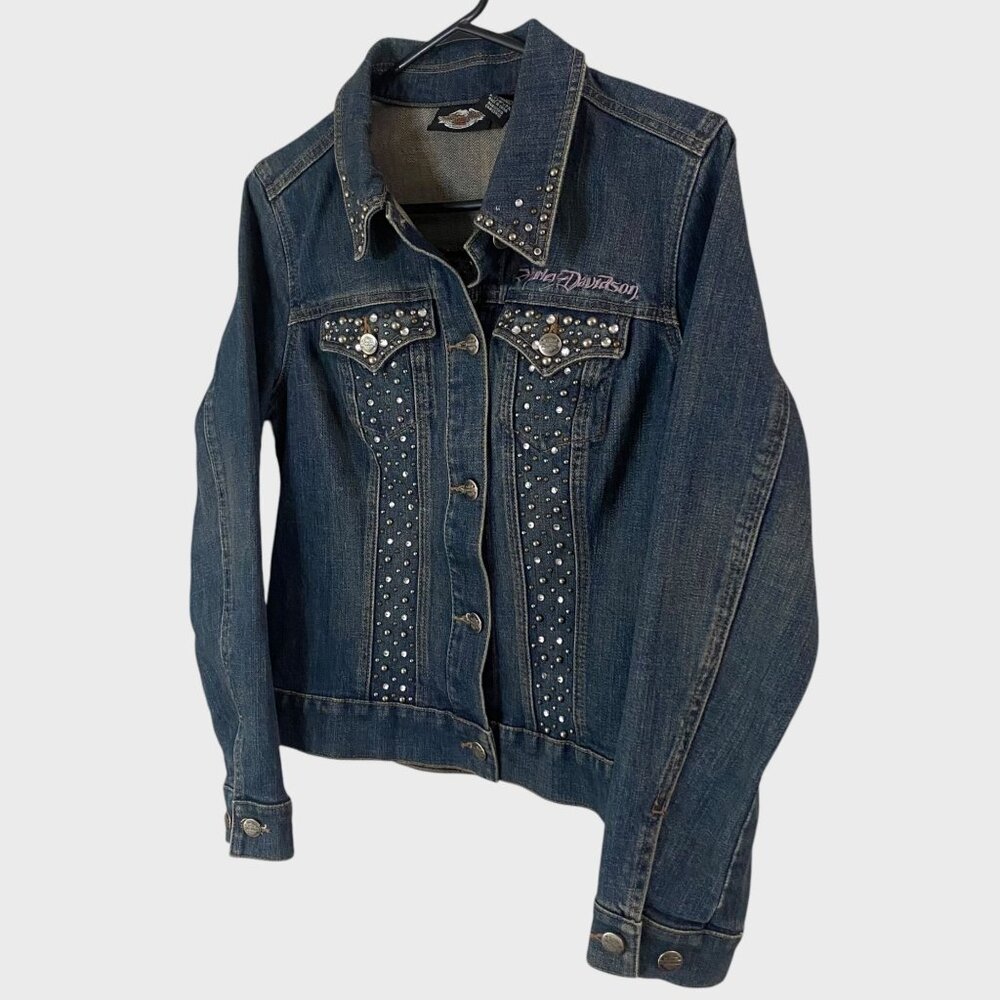 Y2K Harley-Davidson Embroidered Jean Jacket Women's Small Rhinestone Studded - Picture 2 of 14